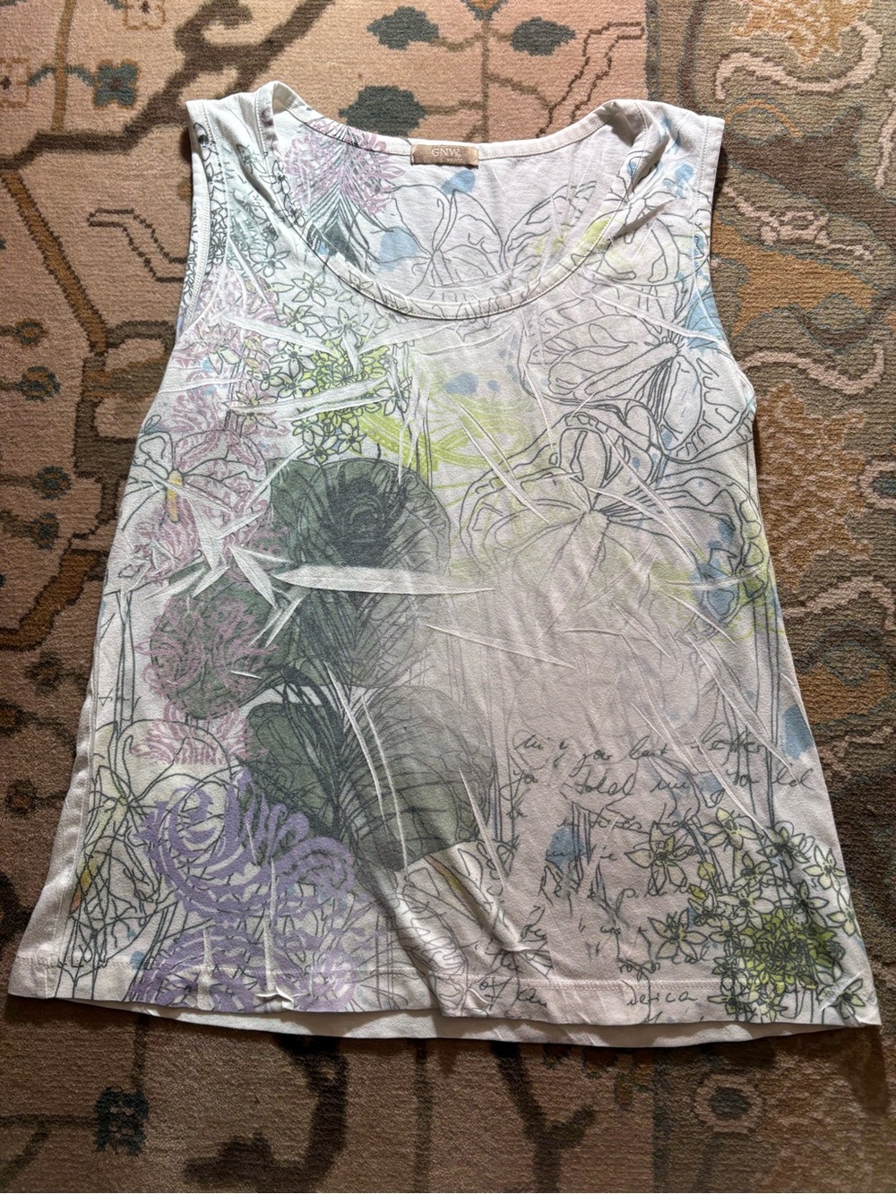 GNW White Tank Top with Subtle Multicolor Botanical Print